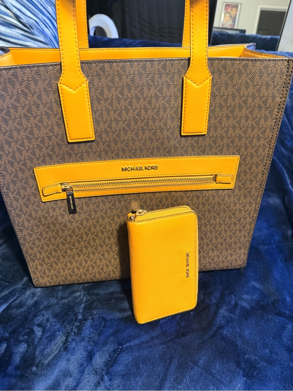 Michael Kors Brown MK Logo Tote with Yellow Trim and Matching Yellow Zip Wallet